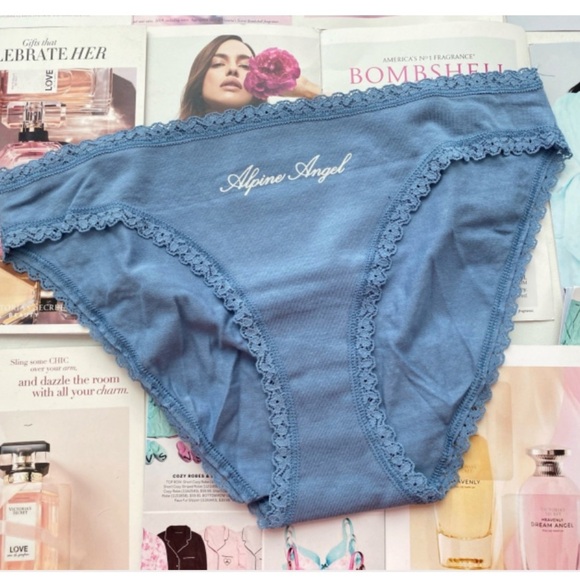 VICTORIA SECRET BLUE ALPINE ANGEL HIGH WAIST LACE TRIM COTTON BIKINI PANTY LARGE - Picture 1 of 13